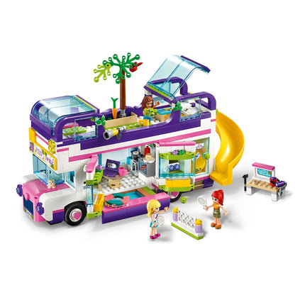 LEGO® Friends Friendship Bus Toy 41395 with slide, pool, and kids playing, perfect for creative imaginative play.