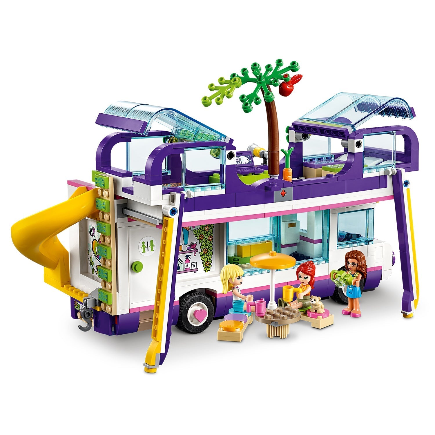 LEGO® Friends Friendship Bus Toy 41395 featuring a vintage design with a swimming pool and kids playing.