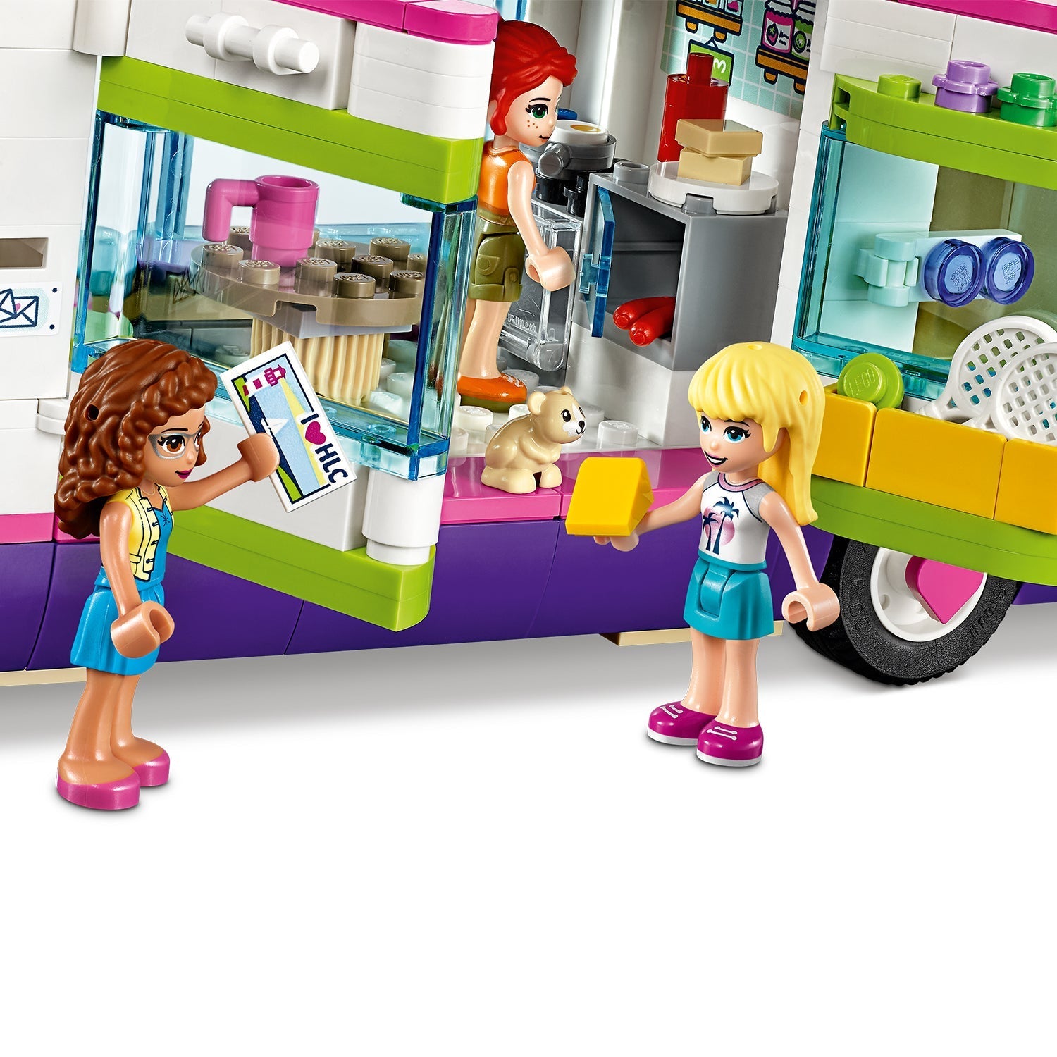 LEGO Friends Friendship Bus playset featuring kids playing and a cute puppy, promoting creative fun and adventure.
