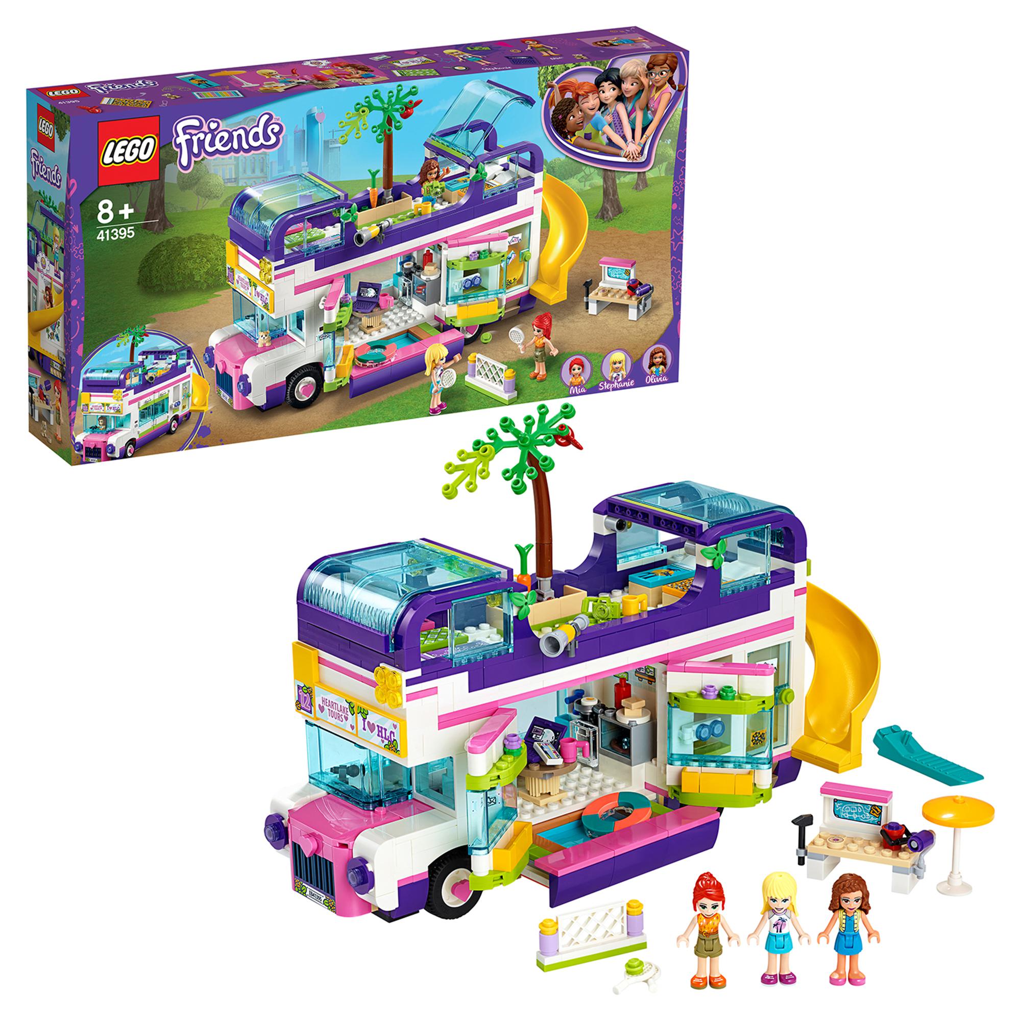 LEGO Friends Friendship Bus Toy 41395 with pool, slide, and figures for creative play and adventure.