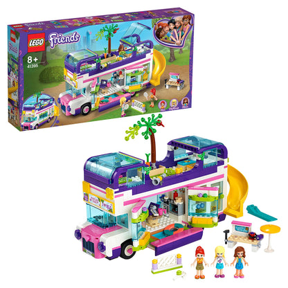 LEGO Friends Friendship Bus Toy 41395 with pool, slide, and figures for creative play and adventure.