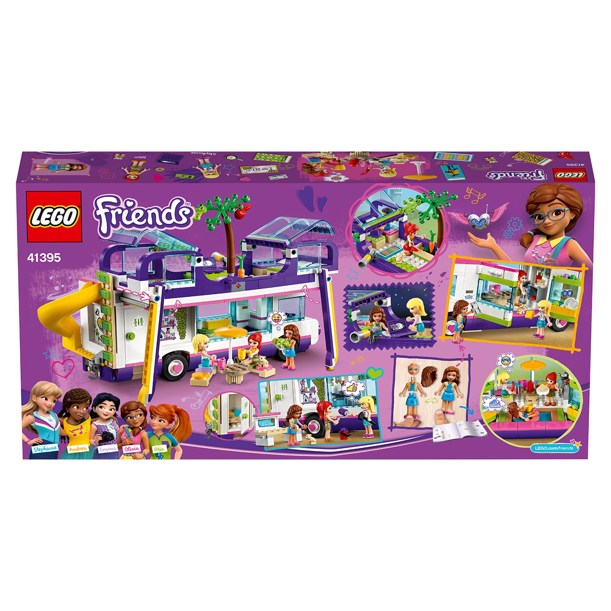 LEGO® Friends Friendship Bus Toy 41395 with vintage design, pool features, and creative play scenes.