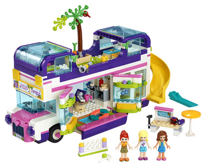 LEGO® Friends Friendship Bus Toy set 41395 with pool slide, palm tree, and three mini-doll figures for creative play.