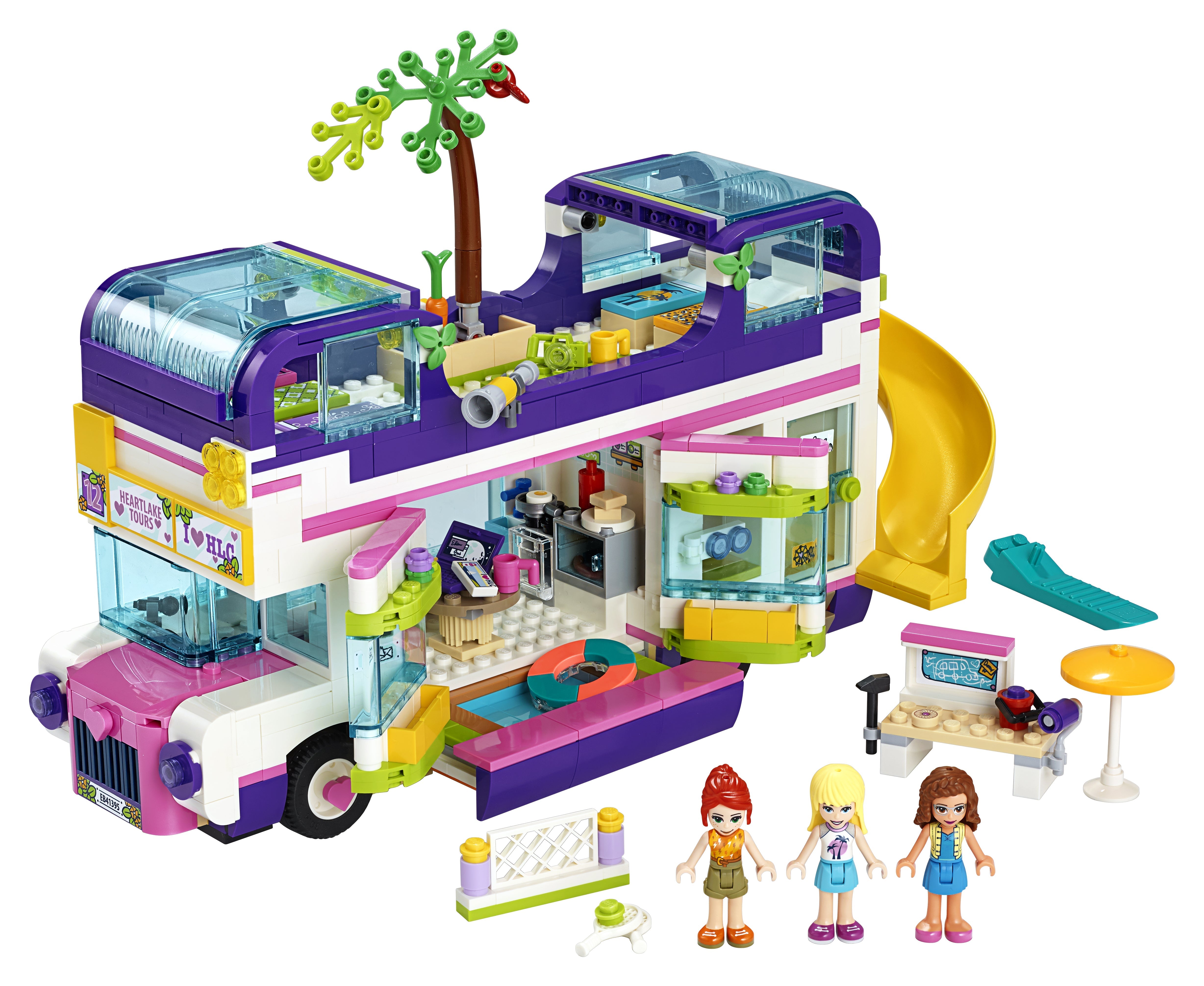 LEGO® Friends Friendship Bus Toy set 41395 with pool slide, palm tree, and three mini-doll figures for creative play.