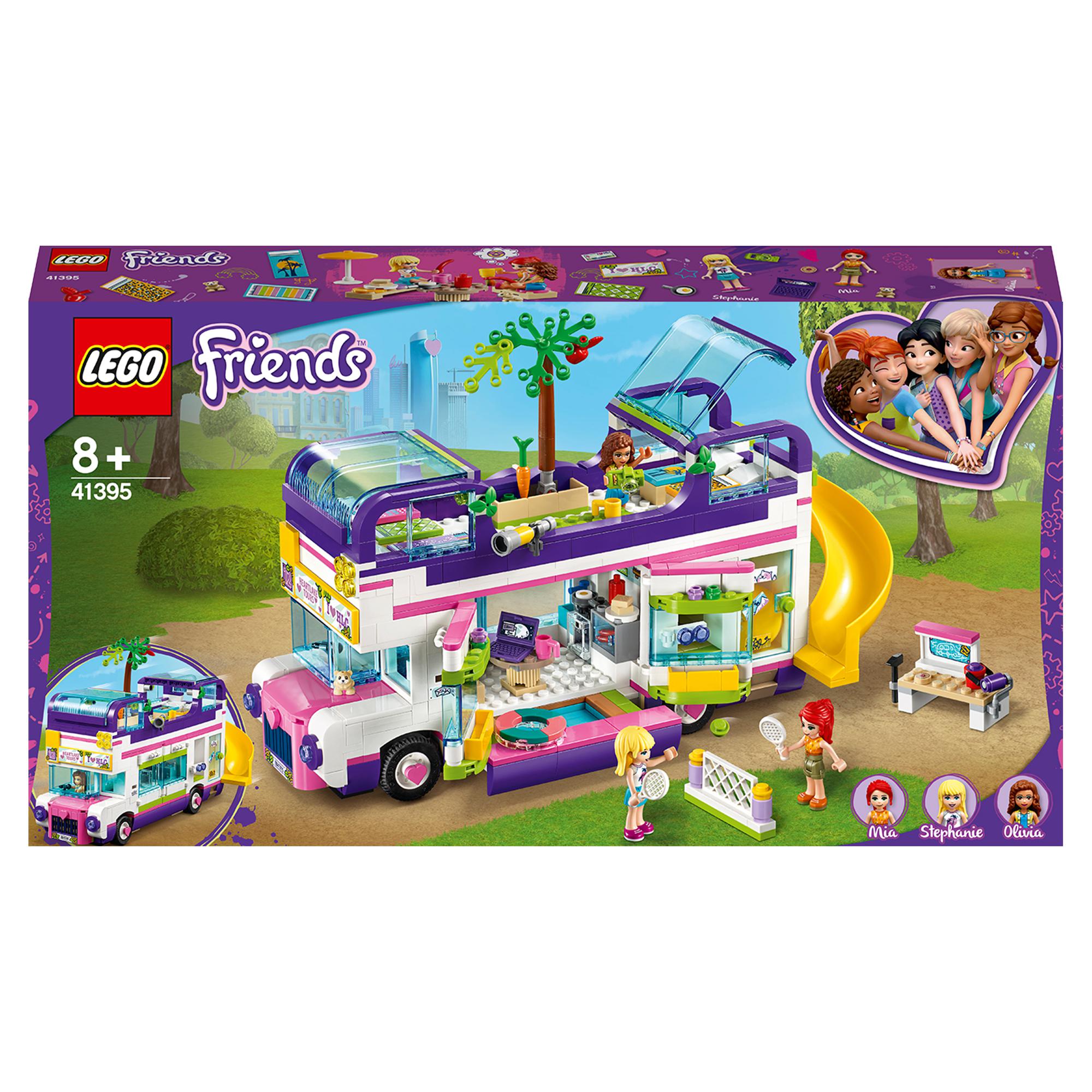 LEGO Friends Friendship Bus Toy 41395 with swim pool and slide, perfect for creative play and fun adventures for kids.