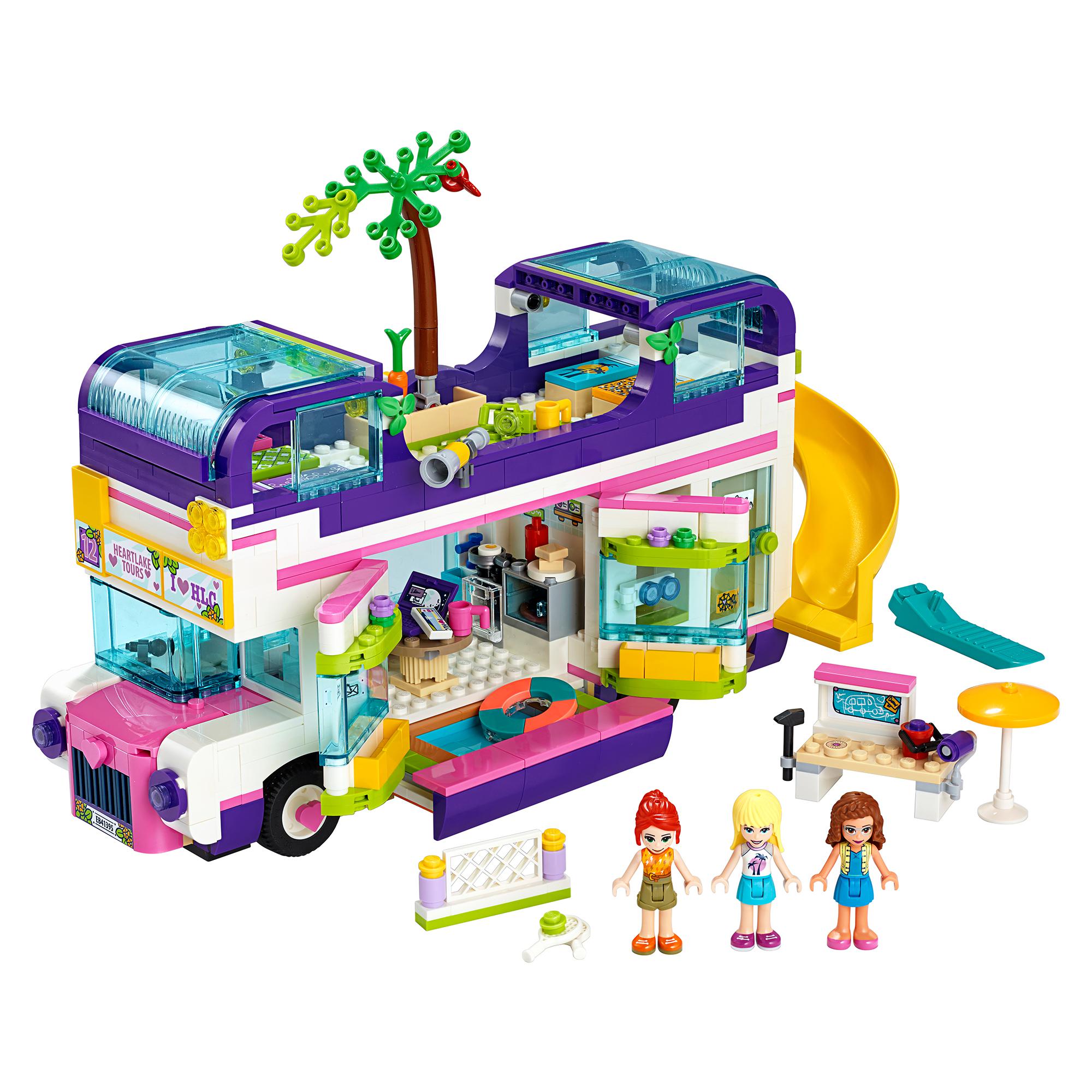 LEGO Friends Friendship Bus Toy 41395 with pool, slide, and mini-dolls for creative play and adventures.