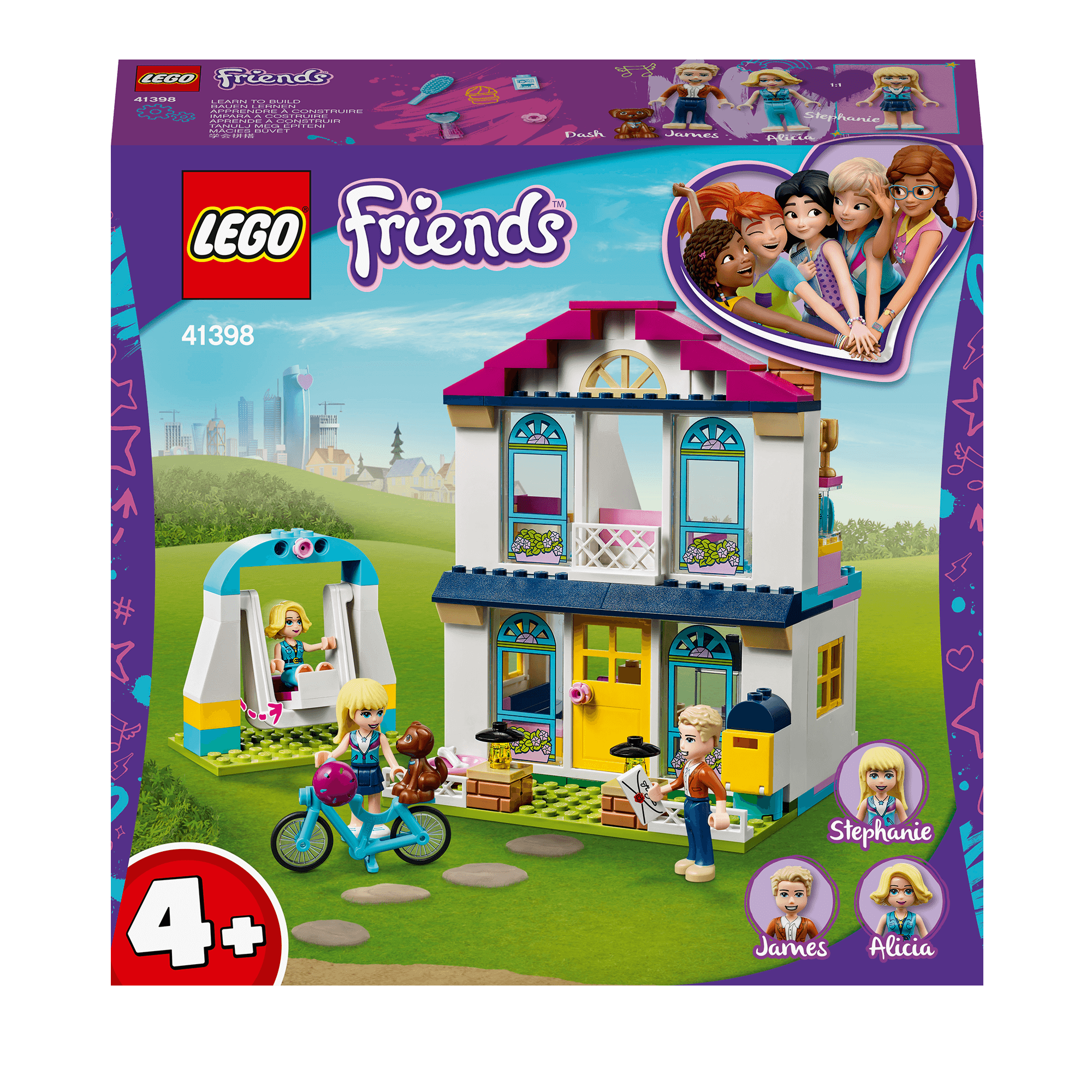 LEGO Friends 4+ Stephanie's House Play Set 41398, featuring Stephanie and family in a colorful building adventure.