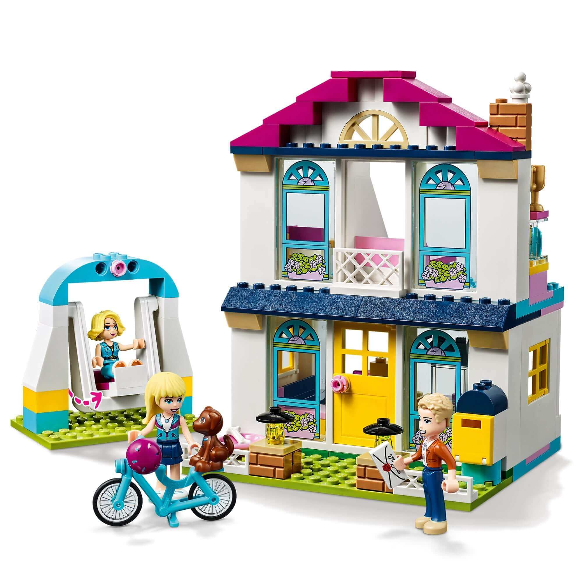 LEGO® Friends 4+ Stephanie's House Play Set 41398 with kids role-playing happy family scenes by a colorful house.