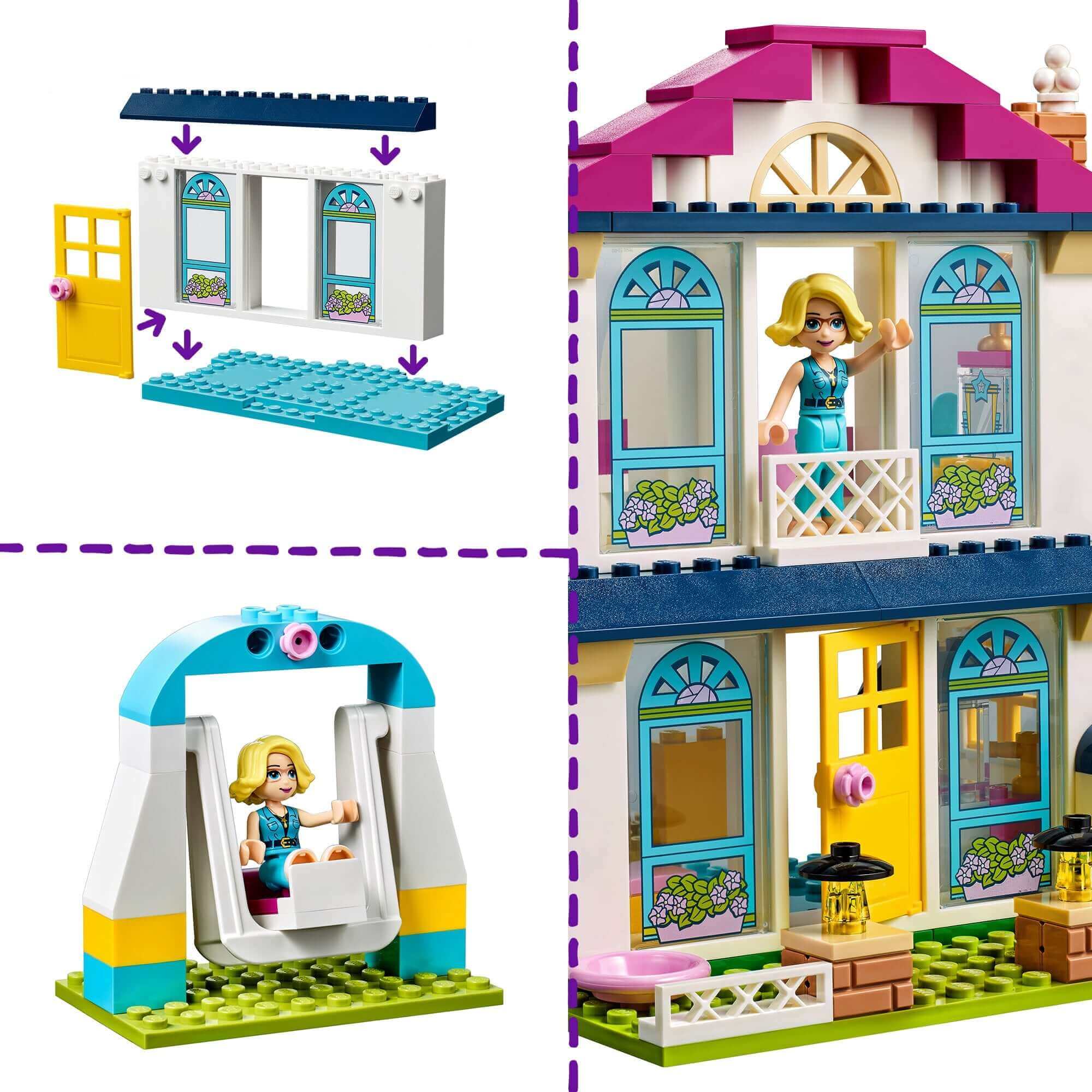 LEGO Friends 4+ Stephanie's House play set with colorful exterior, windows, and Stephanie on a swing for creative role-play.