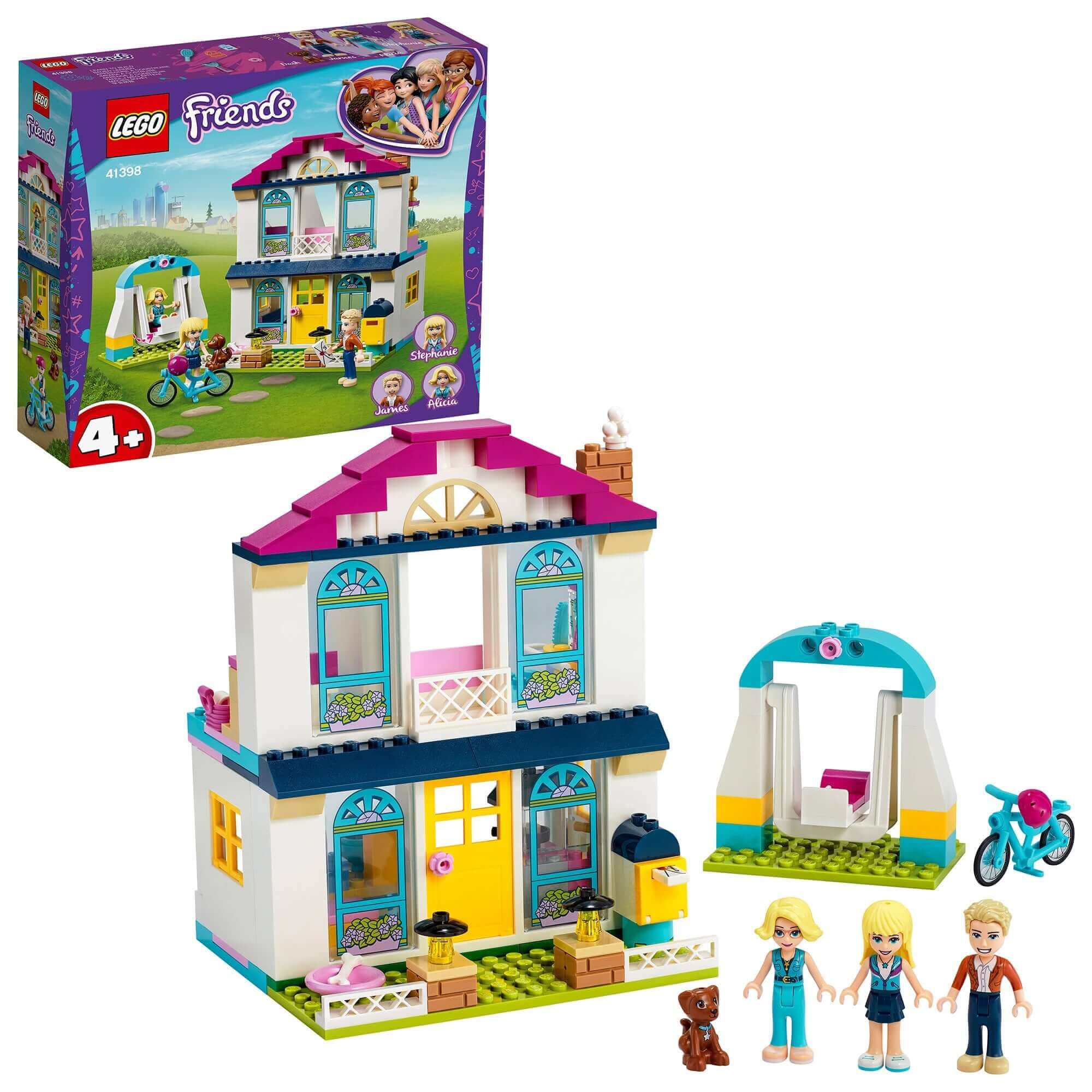LEGO Friends 4+ Stephanie's House Play Set 41398 with figures and accessories for preschool role-play and creativity.