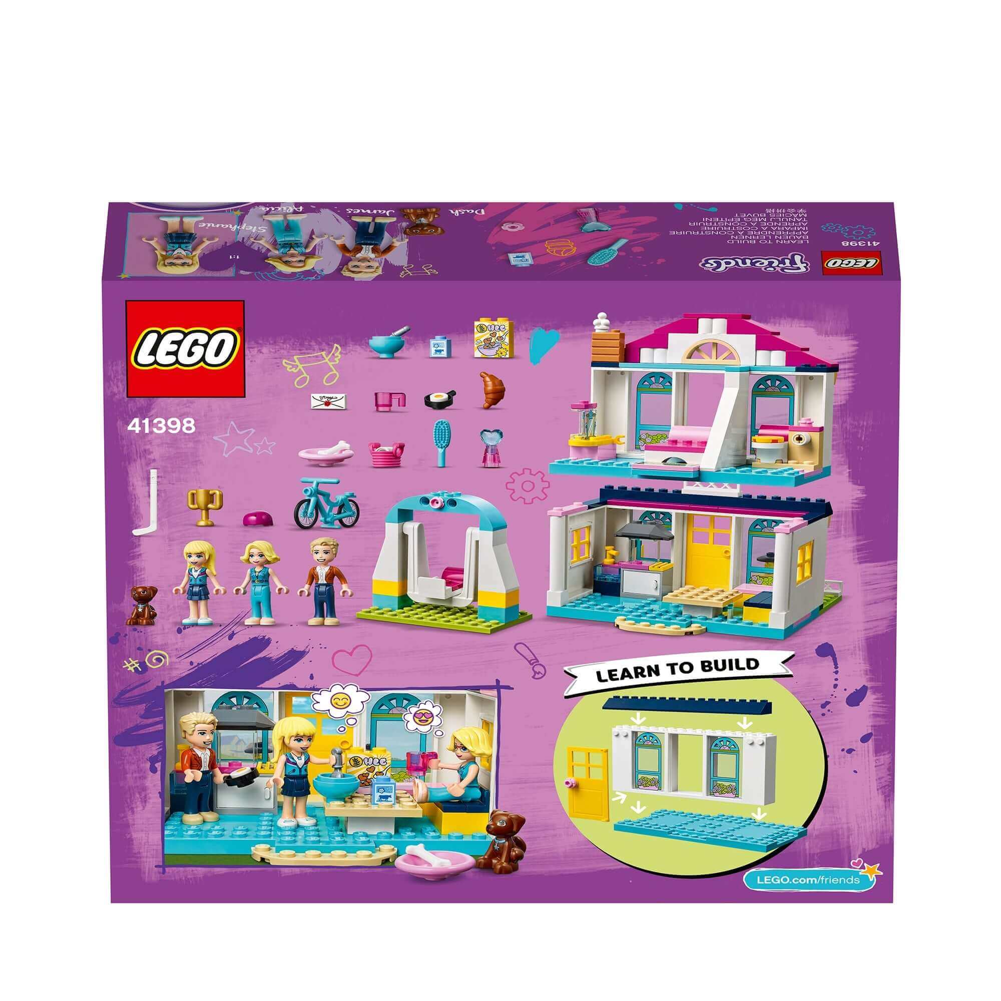 LEGO Friends 4+ Stephanie's House Play Set 41398 packaging showcasing creative building and role-play scenes.