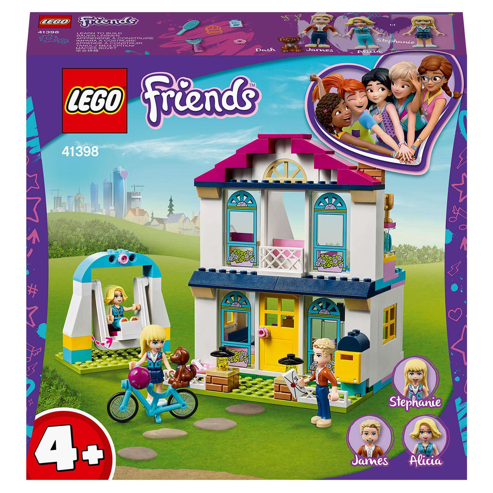 LEGO® Friends 4+ Stephanie's House Play Set 41398, showcasing family role-play scenes with colorful building elements.