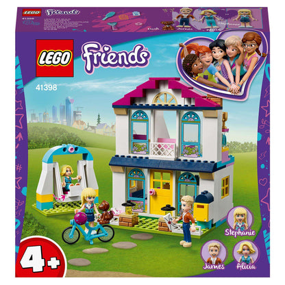 LEGO® Friends 4+ Stephanie's House Play Set 41398, showcasing family role-play scenes with colorful building elements.