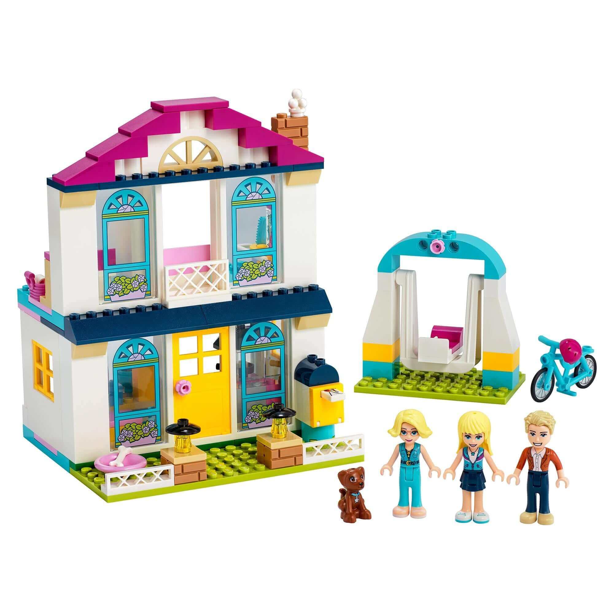 LEGO Friends 4+ Stephanie's House Play Set 41398 with figures, house, bike, and play accessories for creative role-play.