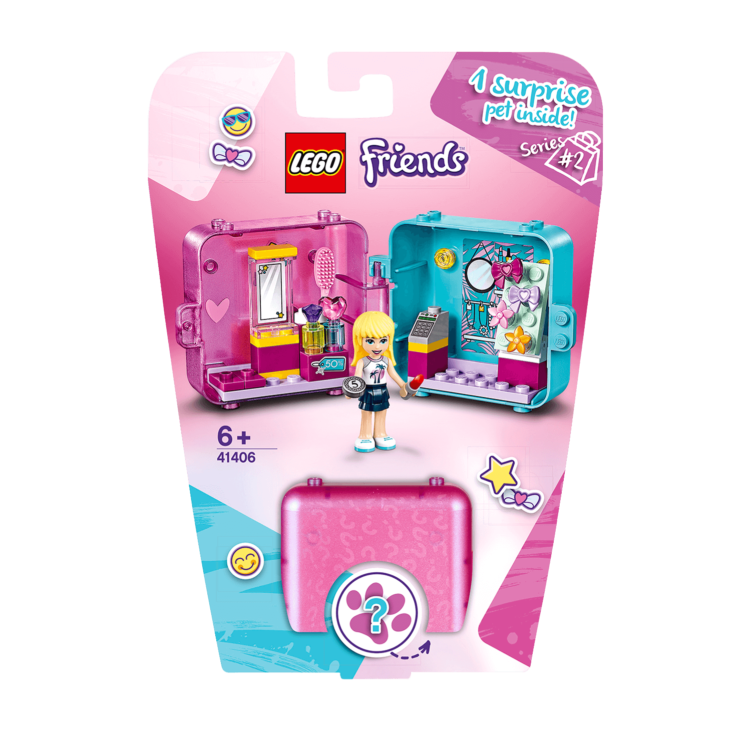 LEGO Friends Stephanie's Shopping Play Cube 41406 with mini-doll and surprise pet in a colorful portable case.