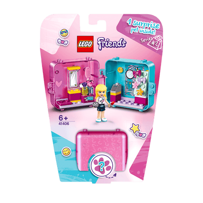LEGO Friends Stephanie's Shopping Play Cube 41406 with mini-doll and surprise pet in a colorful portable case.