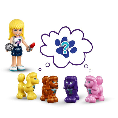 LEGO Friends Stephanie with colorful mini dolls and a question thought bubble for imaginative play.