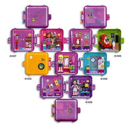 Colorful LEGO® Friends Shopping Play Cube 41406 set featuring mini-dolls and various stylized compartments for creative play.