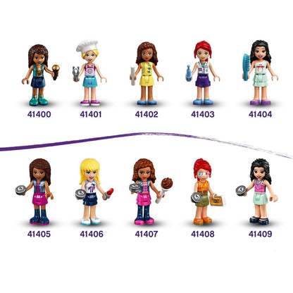 LEGO Friends mini-doll collection featuring ten stylish characters in various outfits and accessories.