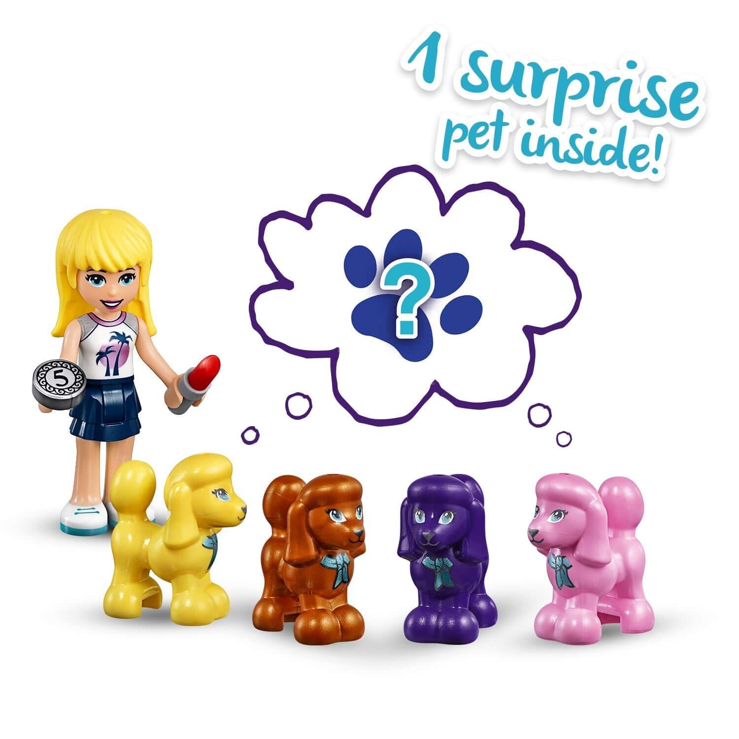 LEGO Friends Stephanie mini-doll with surprise pet, featuring colorful poodle figures for imaginative play.