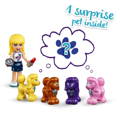 LEGO Friends Stephanie mini-doll with surprise pet, featuring colorful poodle figures for imaginative play.
