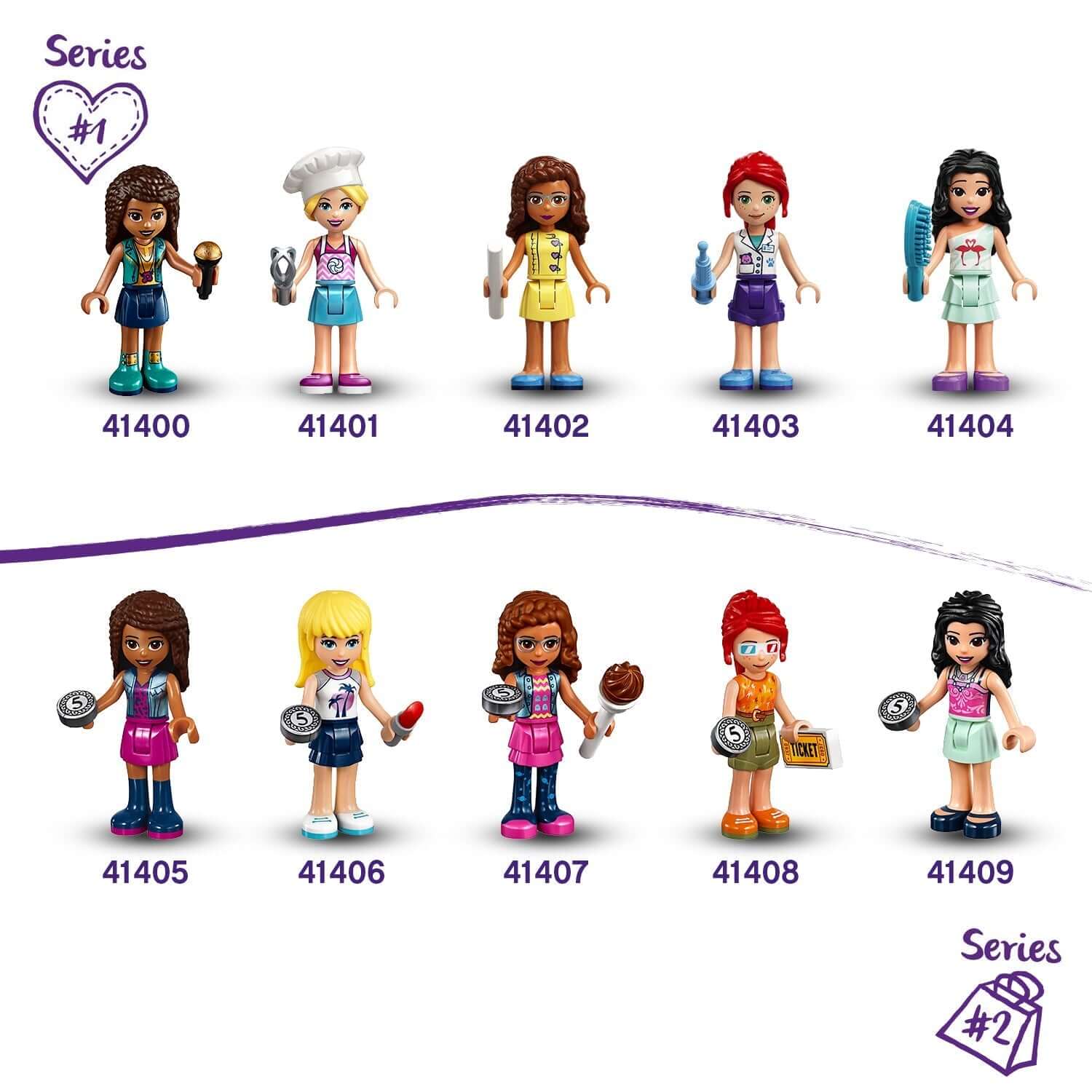 LEGO Friends mini-doll collection featuring ten characters from series 1 and 2, perfect for creative play and styling.