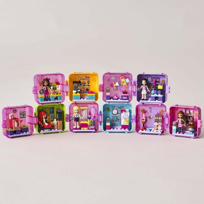 LEGO Friends Stephanie's Shopping Play Cube 41406 featuring mini-doll sets in colorful stackable cubes for creative play.