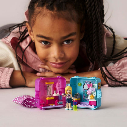 LEGO Friends Stephanie's Shopping Play Cube set with mini-doll, showcasing fun style and flexible travel in vibrant colors.