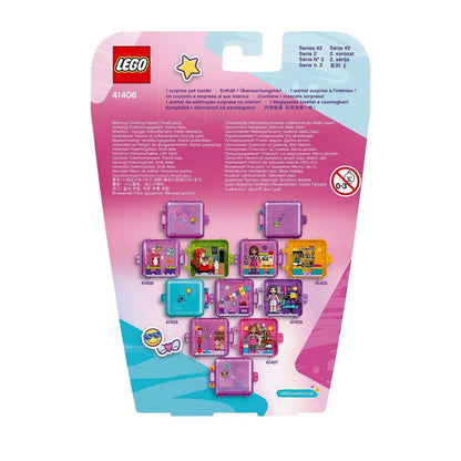 LEGO® Friends Stephanie's Shopping Play Cube 41406 packaging showing included mini-doll sets and play scenes for creative travel fun.