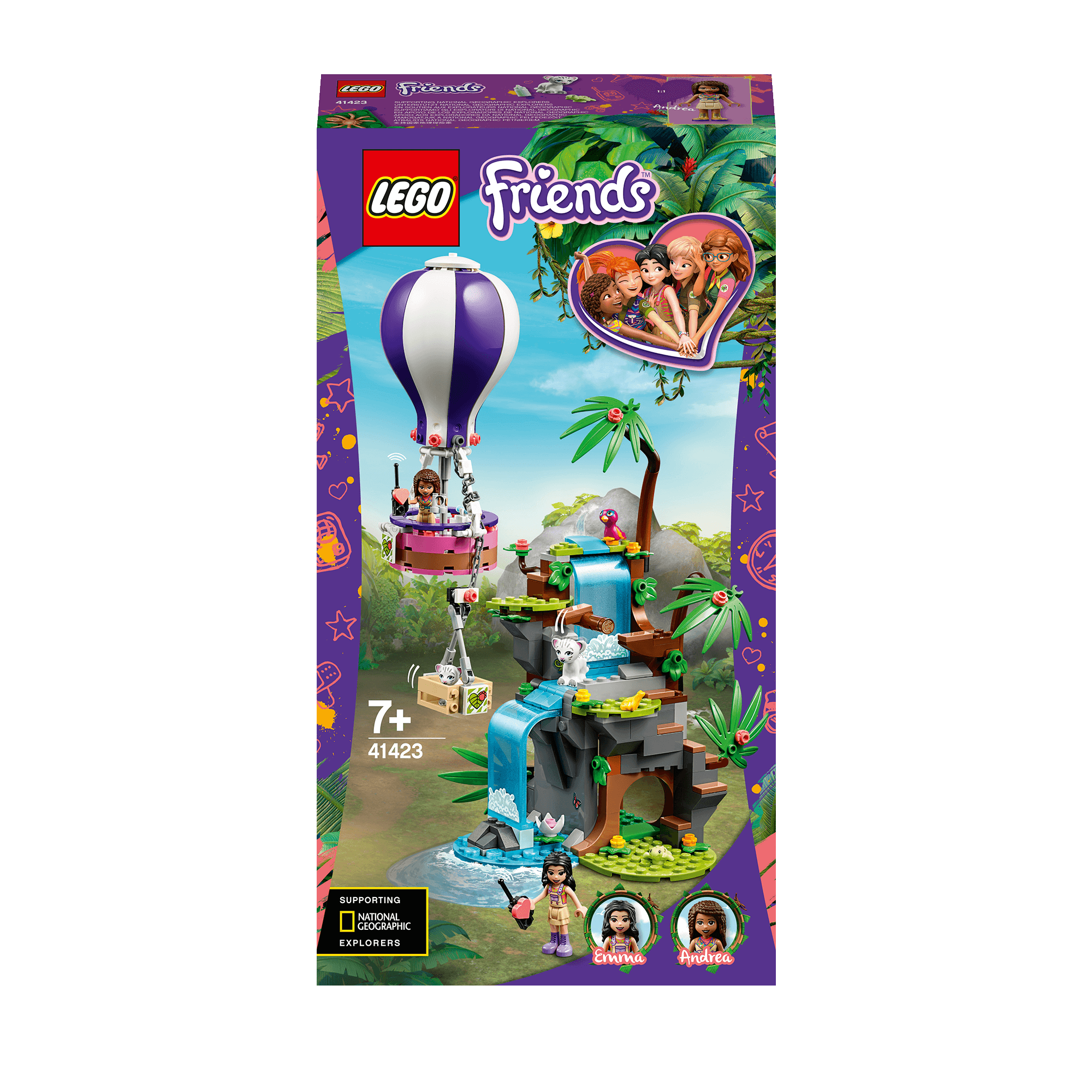 LEGO® Friends Tiger Balloon Jungle Rescue Set 41423 with a hot air balloon and waterfall scenario for kids' wildlife exploration.