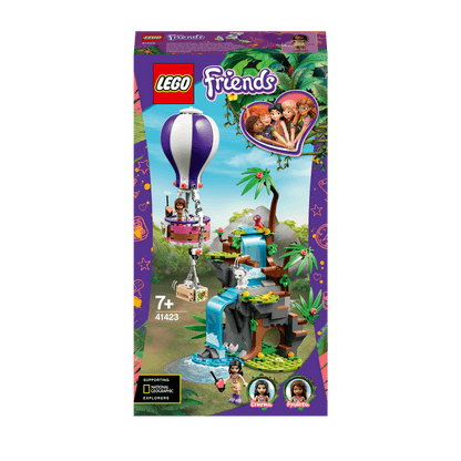 LEGO® Friends Tiger Balloon Jungle Rescue Set 41423 with a hot air balloon and waterfall scenario for kids' wildlife exploration.