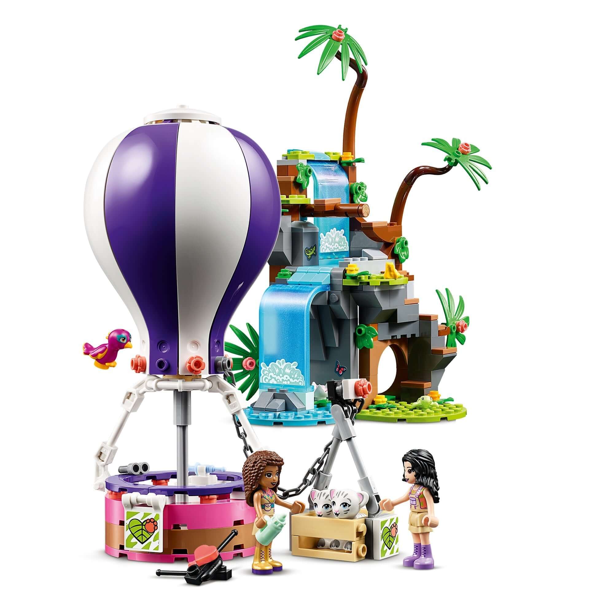 LEGO Friends Tiger Balloon Jungle Rescue Set 41423 featuring a hot air balloon and jungle scene for wildlife exploration.