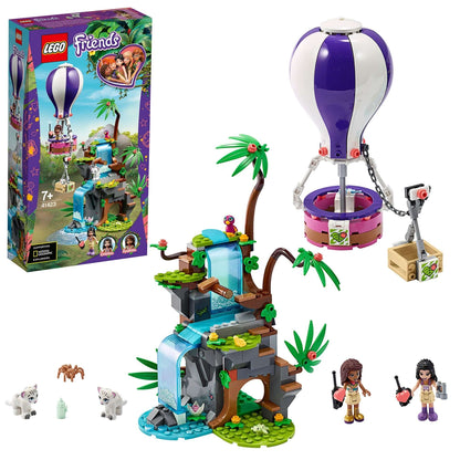 LEGO Friends Tiger Balloon Jungle Rescue Set 41423 featuring a jungle scene, hot air balloon, and wildlife figures.