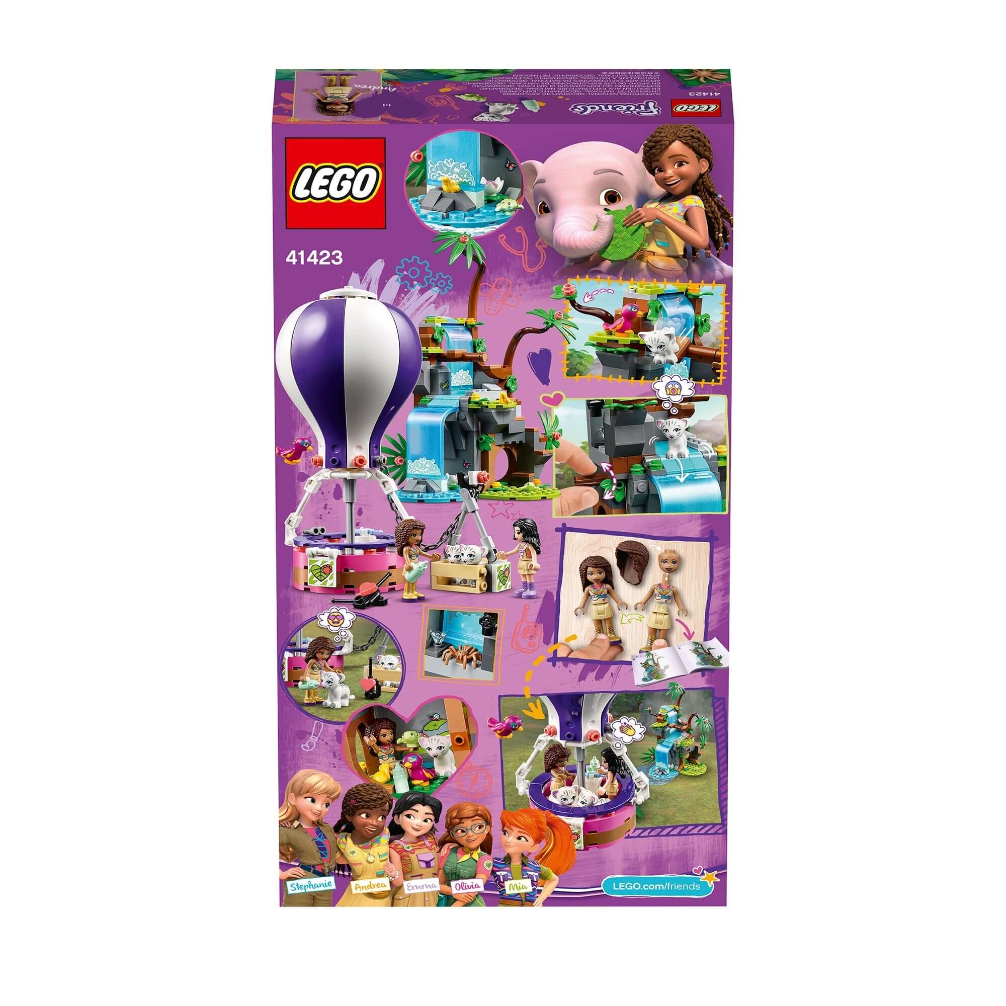 LEGO® Friends 41423 Tiger Balloon Jungle Rescue set, featuring wildlife exploration and fun play elements.