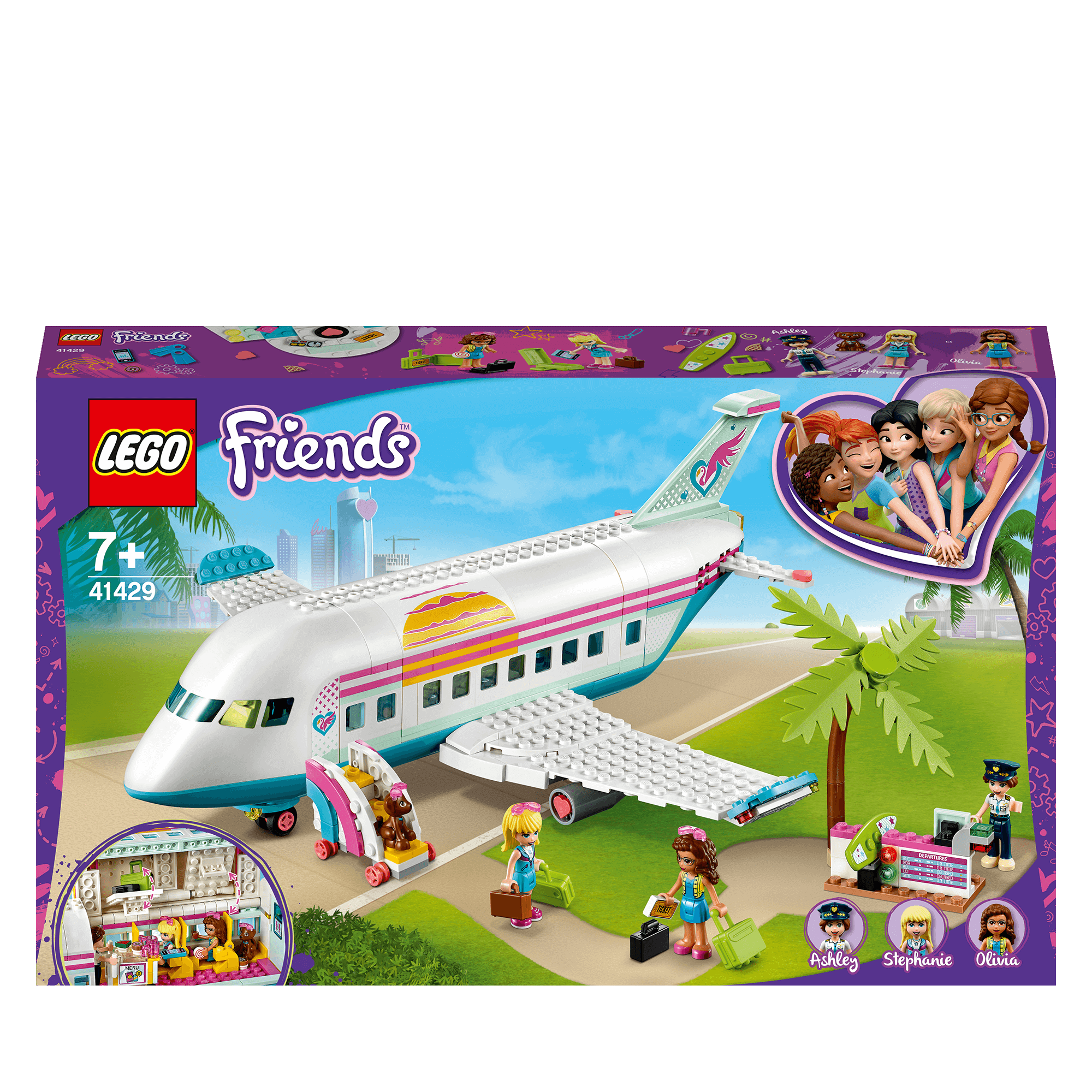 LEGO Friends Heartlake City Aeroplane Play Set 41429 with check-in desk, boarding stairs, and realistic accessories.