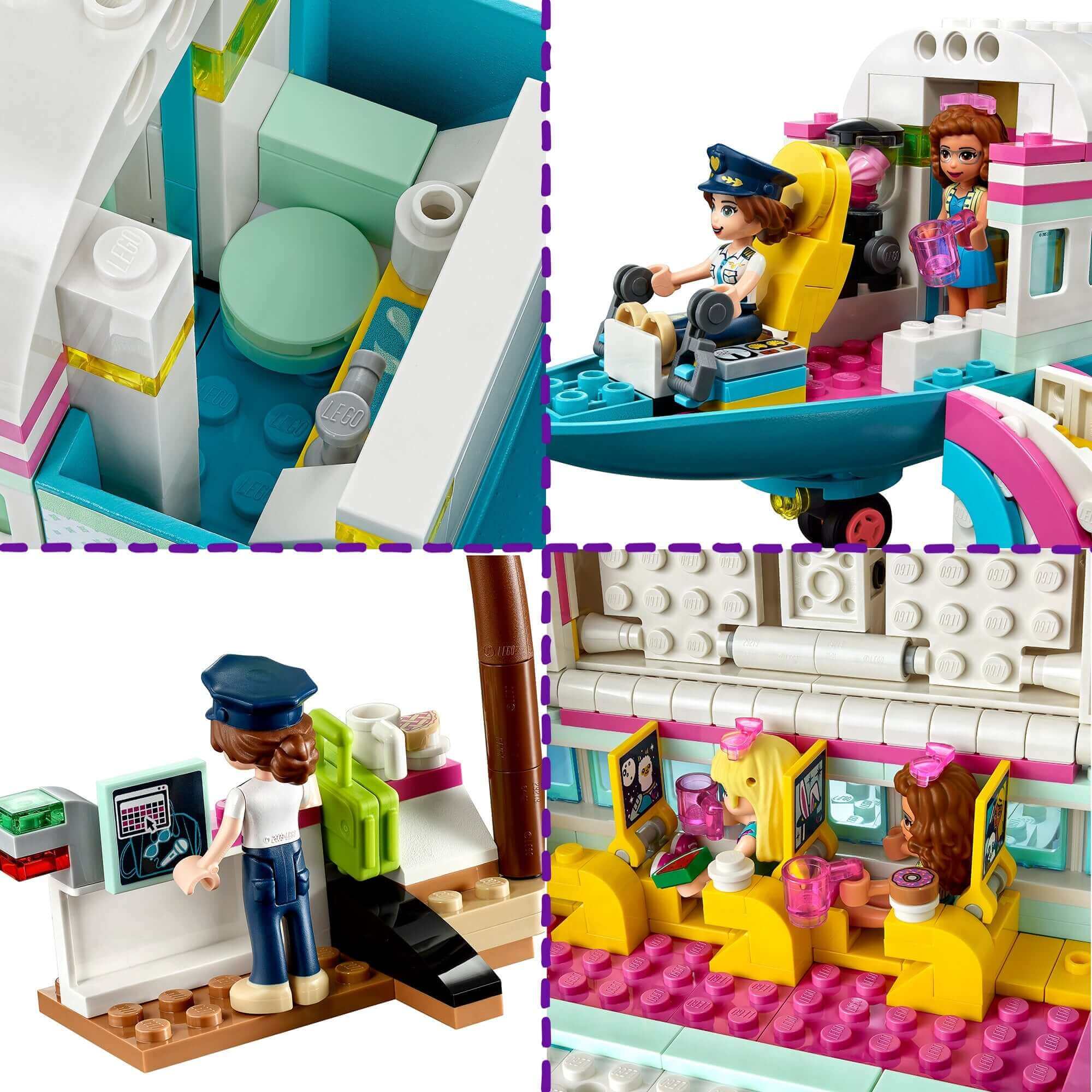 LEGO Friends Heartlake City Aeroplane playset interior showing check-in desk, boarding area, and realistic accessories.