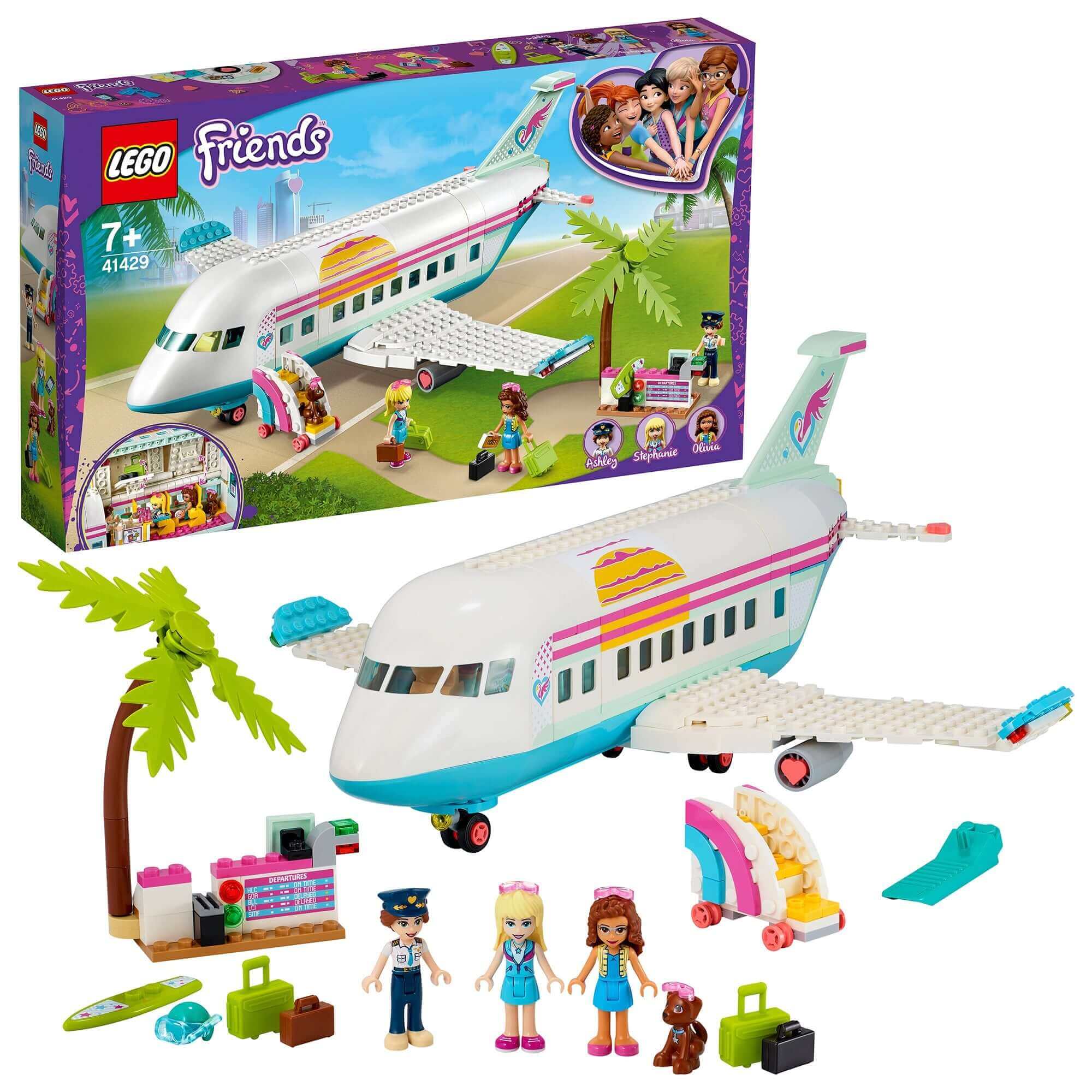 LEGO Friends Heartlake City Aeroplane Play Set 41429 featuring airplane, figures, accessories, and check-in desk.
