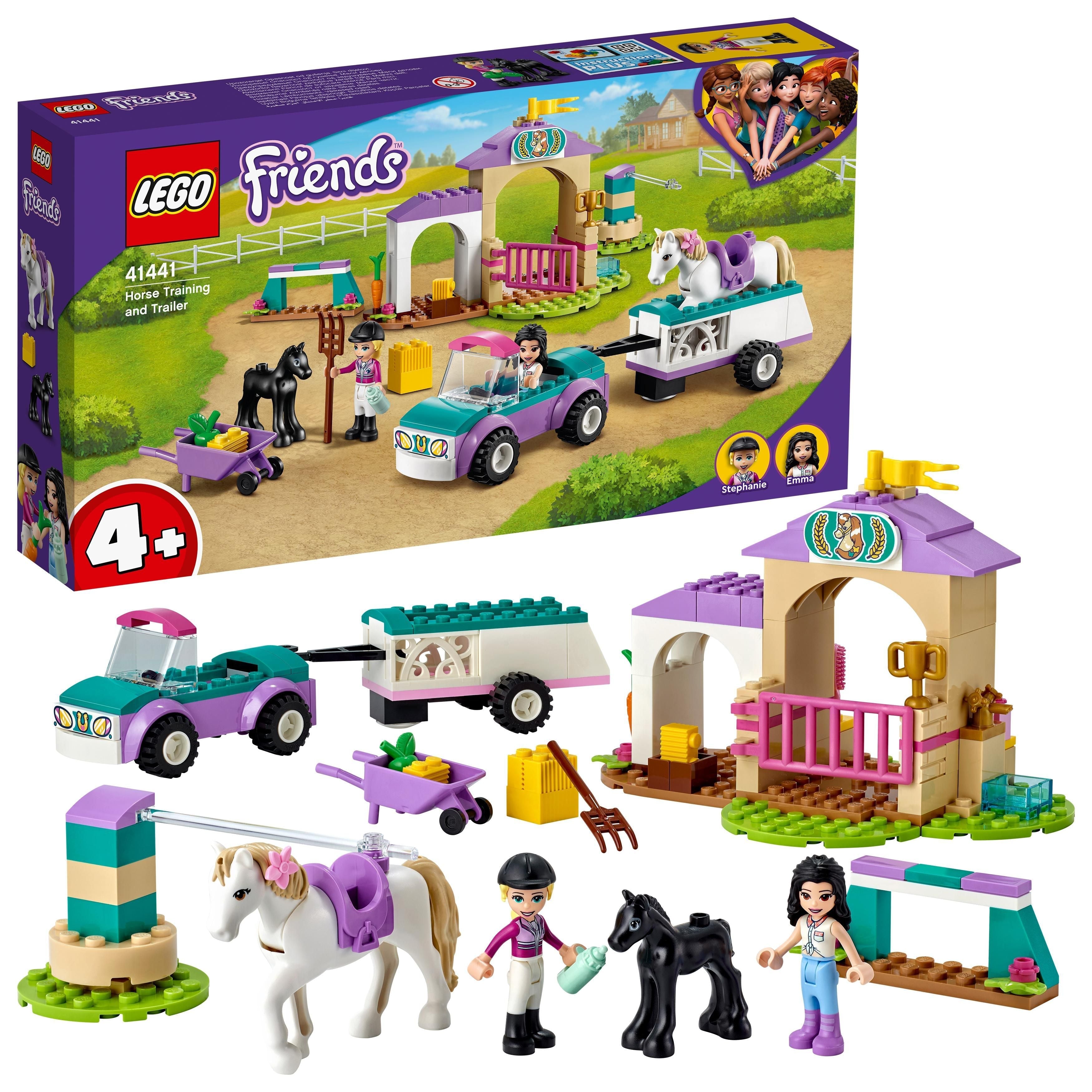 LEGO® Friends Horse Training and Trailer Toy 41441 set with horse, vehicles, and colorful stable for creative play.