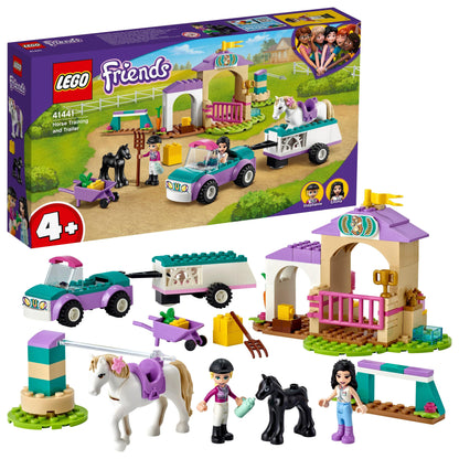 LEGO® Friends Horse Training and Trailer Toy 41441 set with horse, vehicles, and colorful stable for creative play.