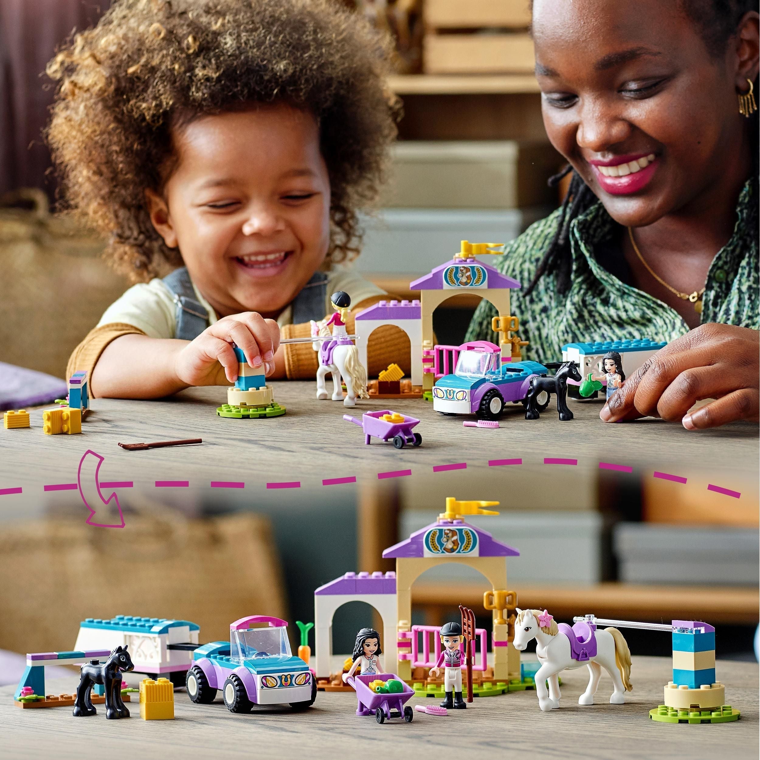 Child and adult enjoying LEGO® Friends horse training set, featuring colorful bricks, horses, and play accessories.