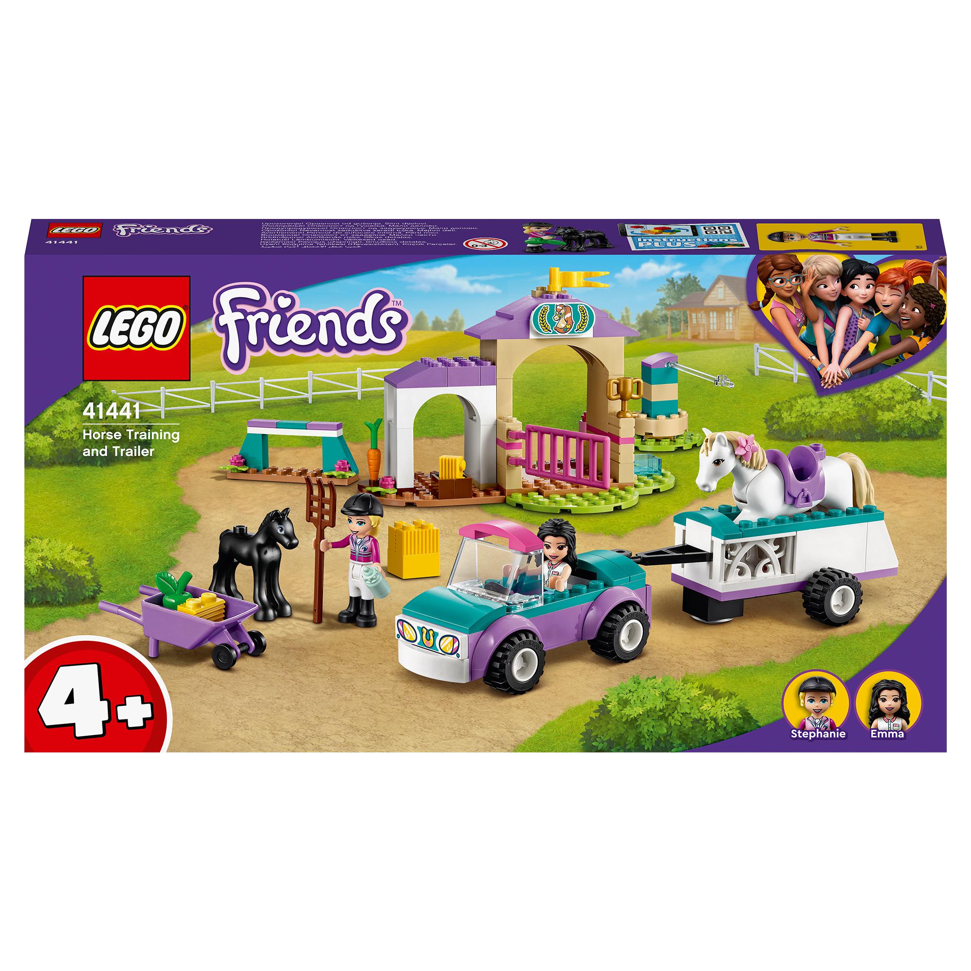 LEGO Friends 41441 Horse Training and Trailer toy set with cars, horses, and play features for creative roleplay.