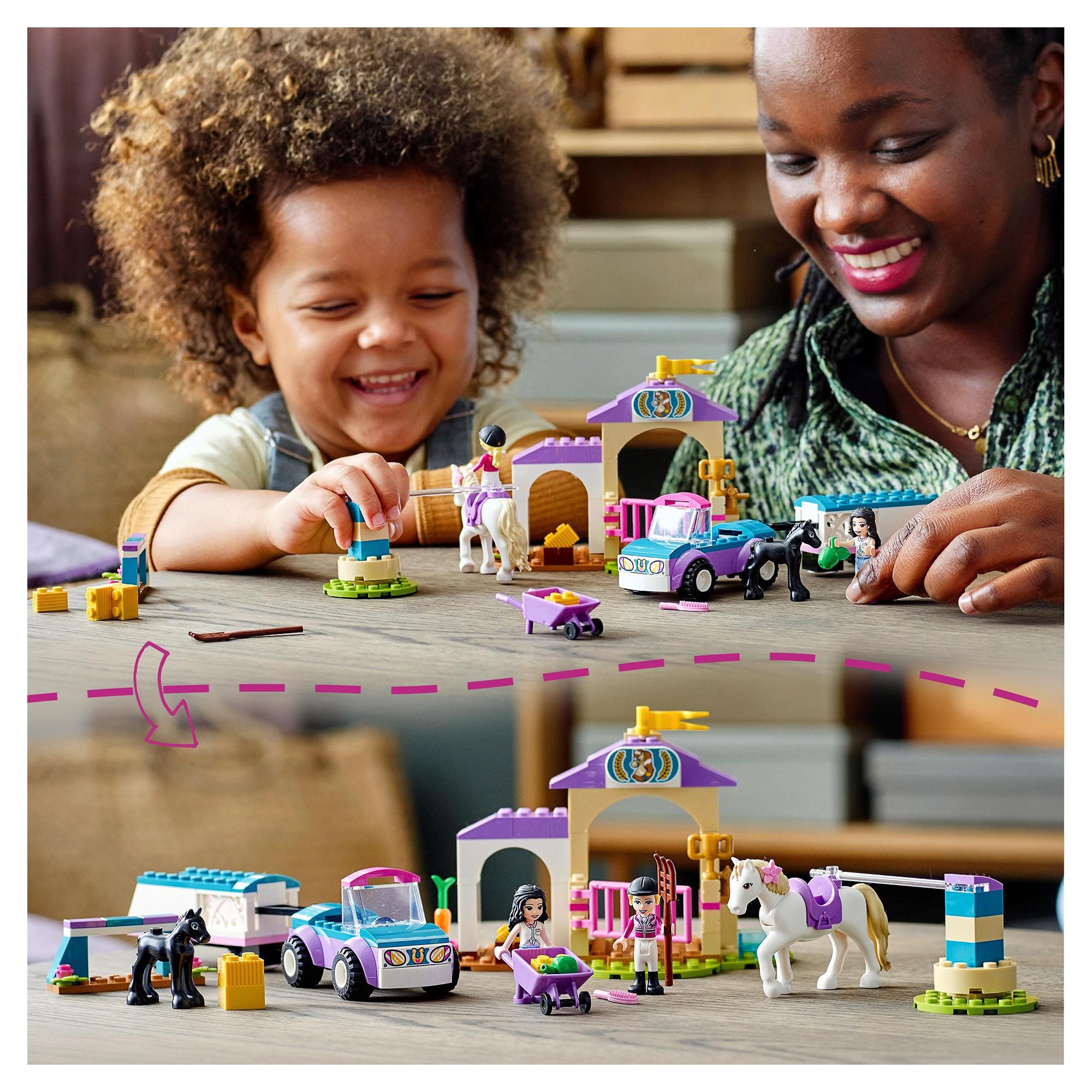 Child and adult enjoying LEGO® Friends horse training set with vibrant colors and accessories for creative play.