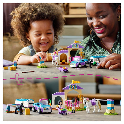 Child and adult enjoying LEGO® Friends horse training set with vibrant colors and accessories for creative play.