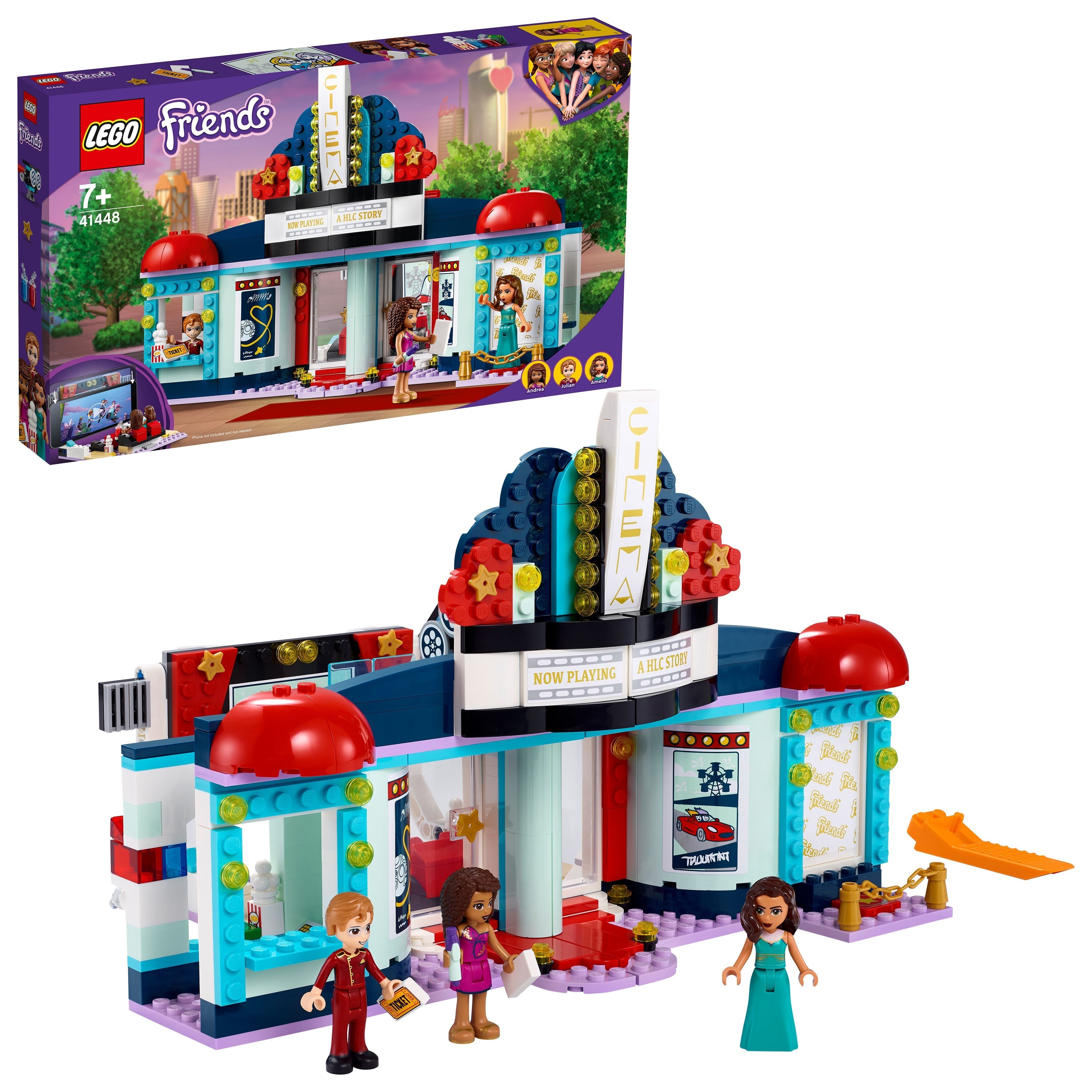 LEGO Friends Heartlake City Movie Theater Toy 41448 with minidolls and vibrant cinema design for imaginative play.
