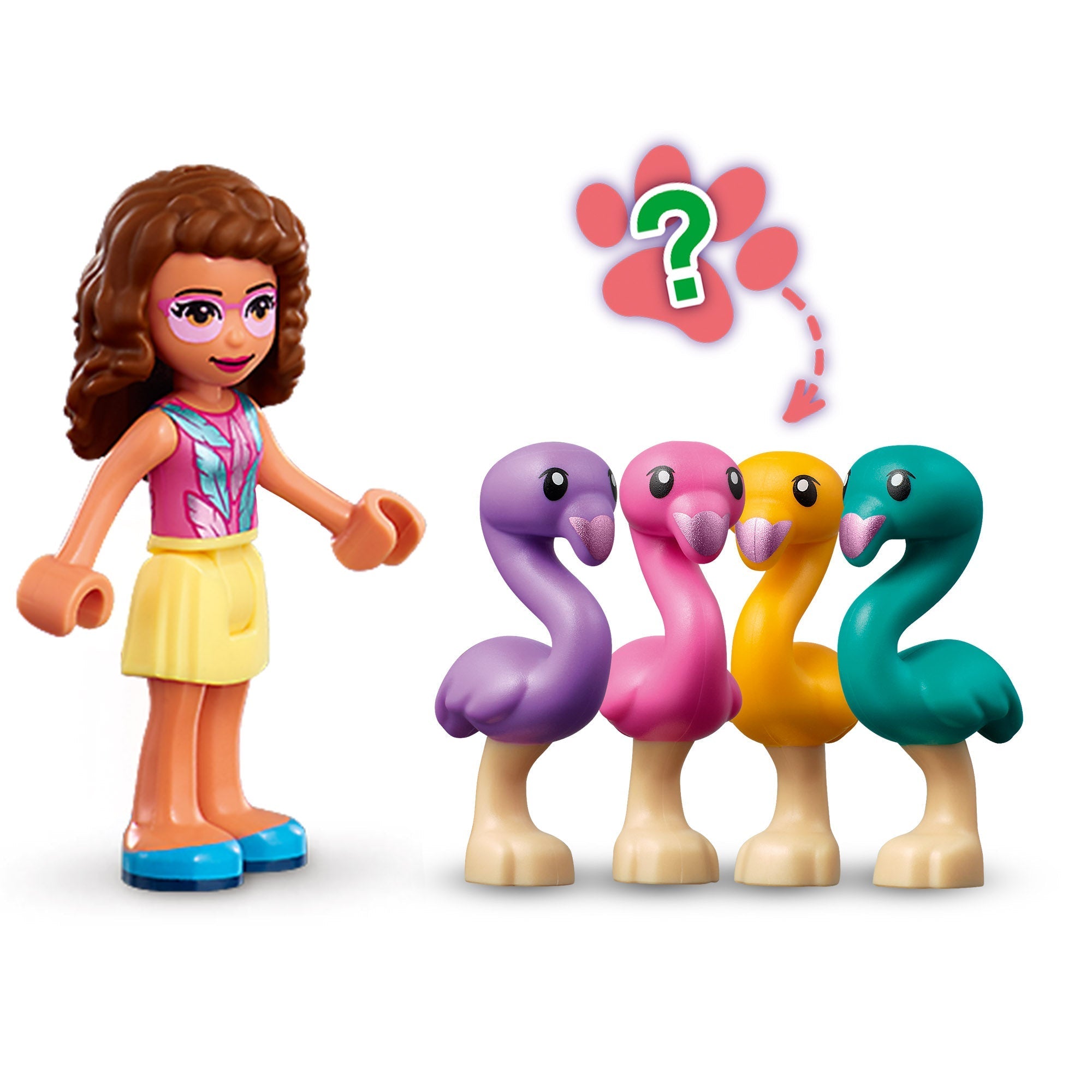 LEGO Friends Olivia with colorful flamingos from set 41662, perfect for fun and imaginative play.