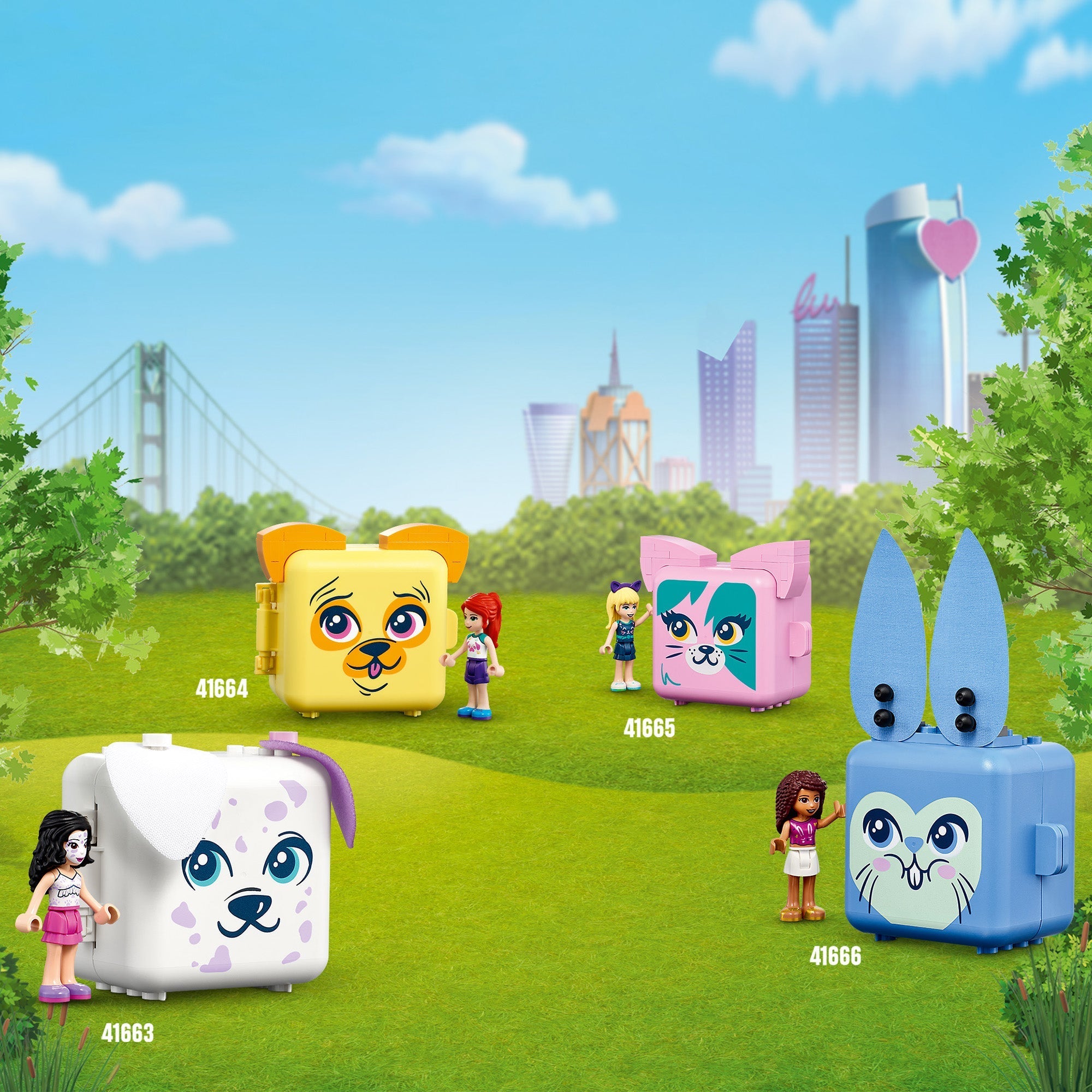 LEGO Friends cube mini sets featuring adorable animal designs in a vibrant outdoor park setting.