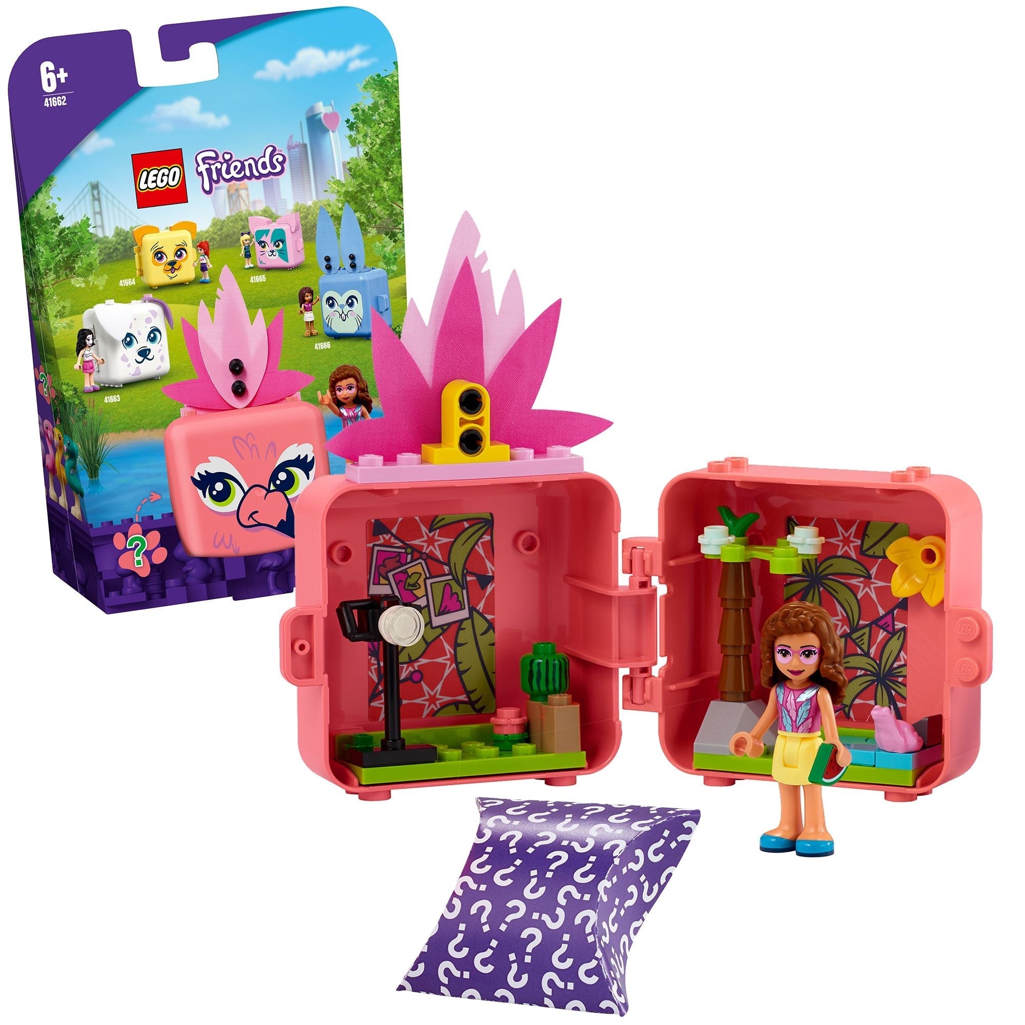 LEGO Friends Olivia’s Flamingo Cube Mini Set 41662, portable playset with Olivia and animal-themed accessories.