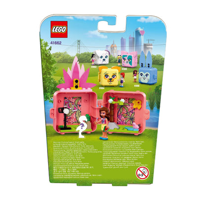 LEGO® Friends Olivia’s Flamingo Cube Mini Set 41662 packaging with mini figures and colorful scene, perfect for portable fun.
