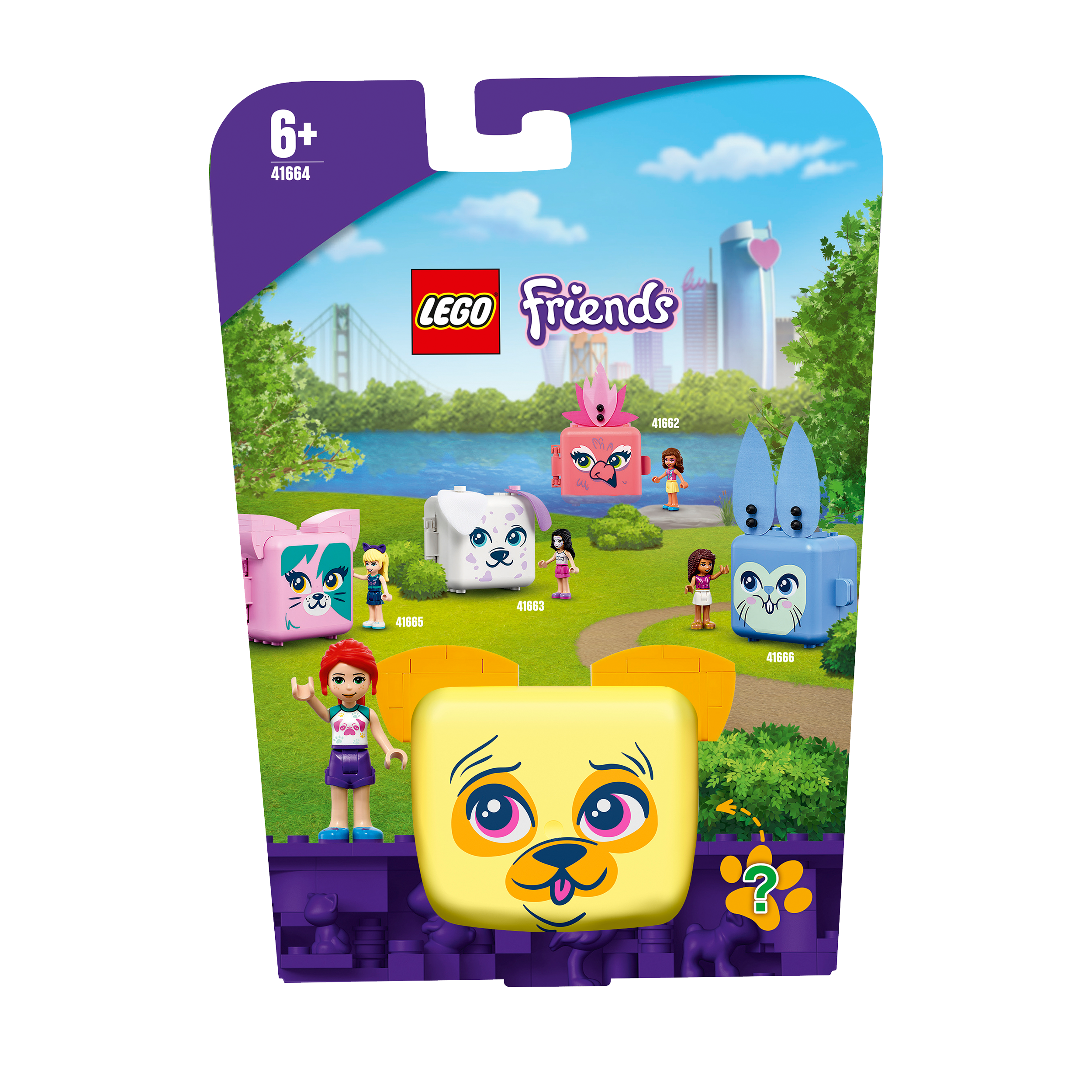LEGO Friends Mia's Pug Cube Playset 41664 featuring cute doggy design, perfect for creative kids aged 6 and up.