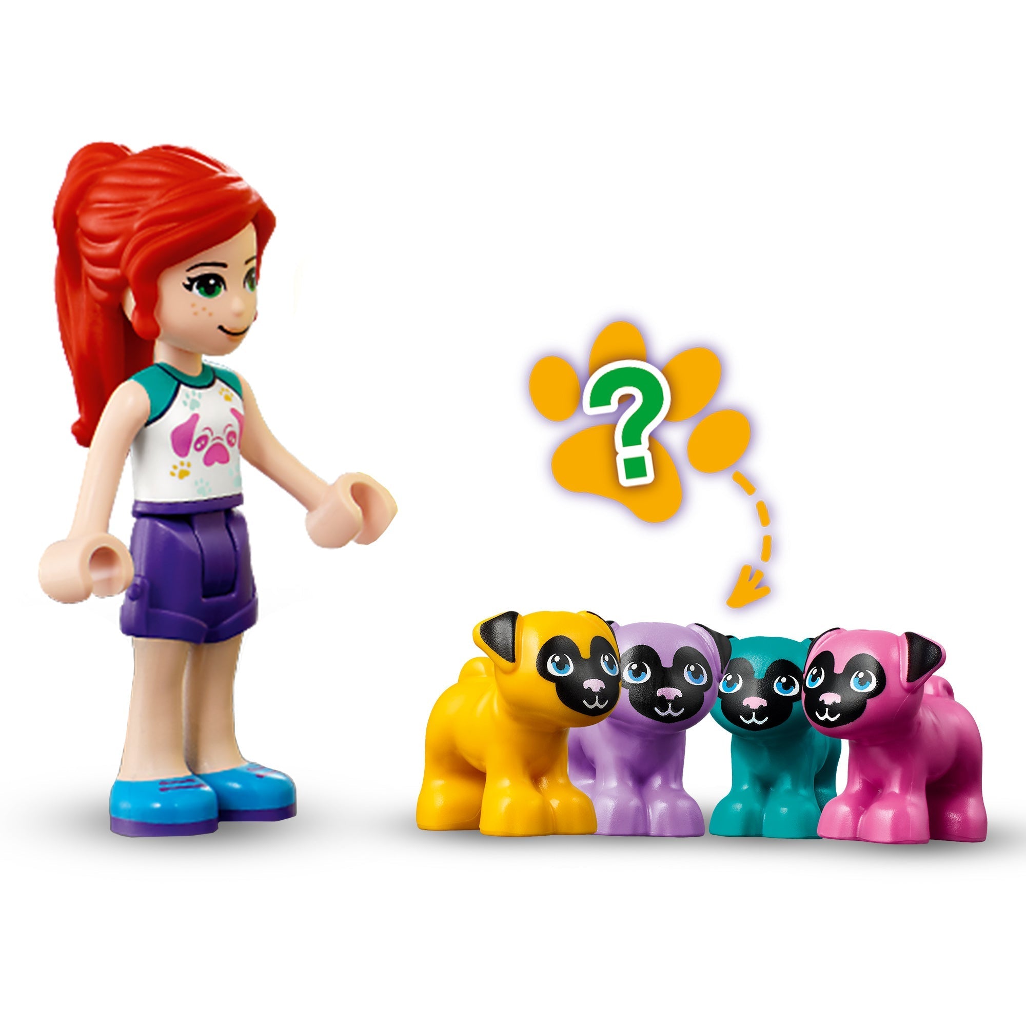 LEGO Friends Mia character with colorful pug figures, perfect for animal-loving kids who enjoy building playsets.